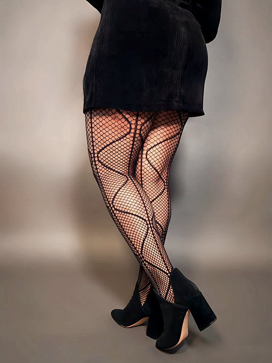 Magnetic Waves Fishnet Tights Back plus size tights for women clothes ladies clothing  one size fishnet women Hosiery wave Elegant woman modeling black fishnet tights styled with a sleek black skirt and classic heels, perfect for a sophisticated yet trendy outfit for any occasion